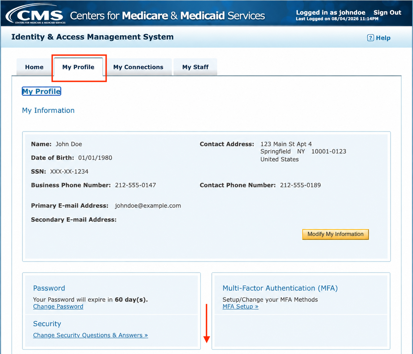 CMS Identity and Access Management System with the My Profile tab outlined in red.