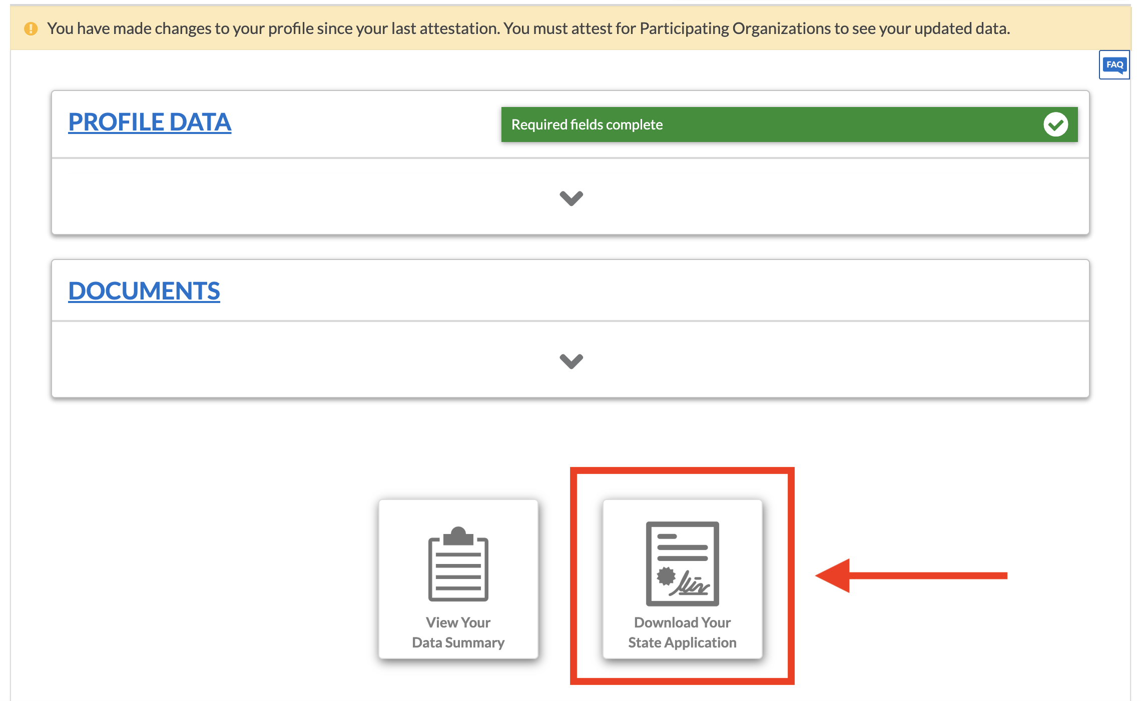 CAQH Documents area with the Download Your State Application card highlighted.