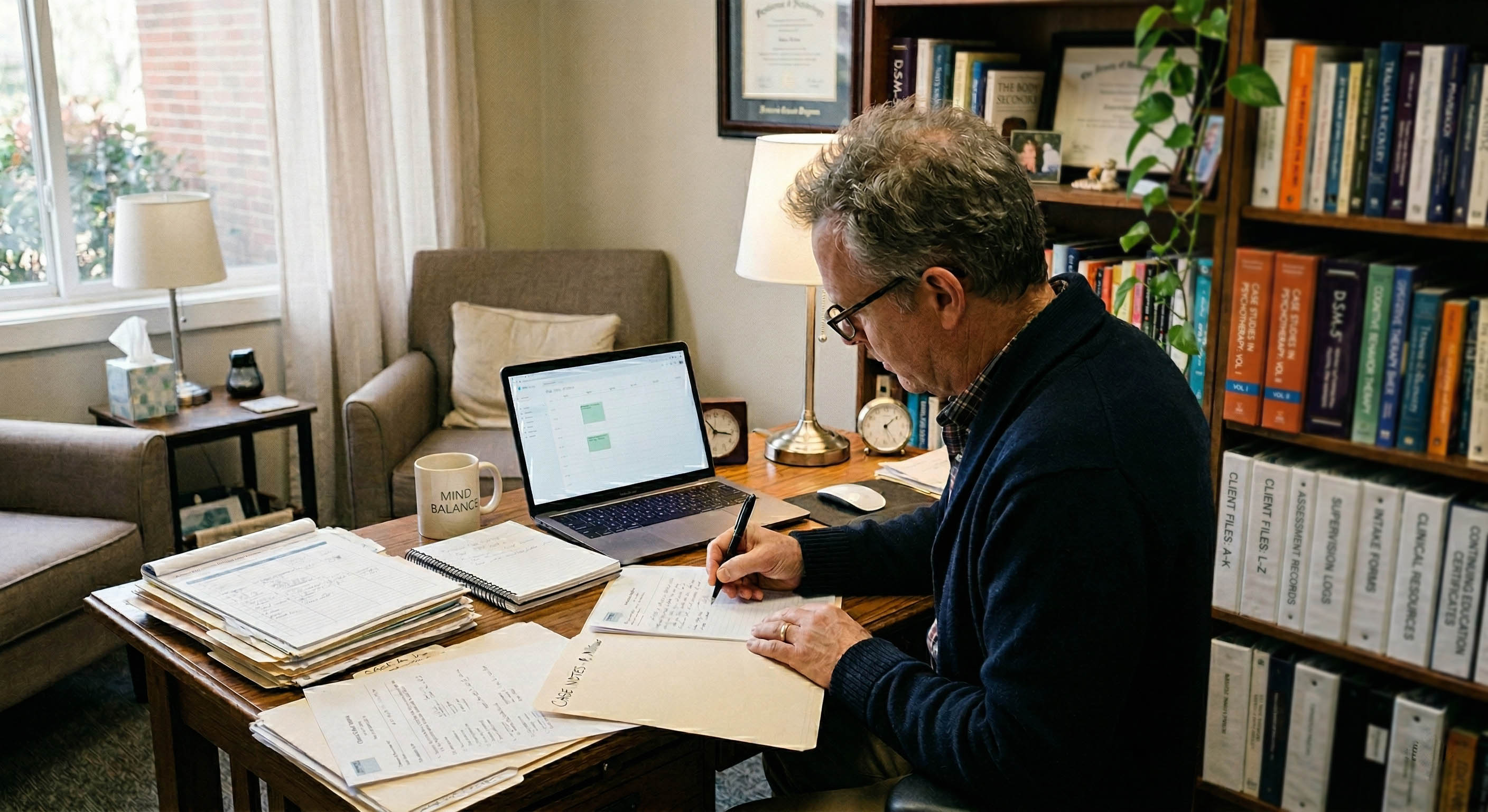 Therapist working through credentialing paperwork in a private office.